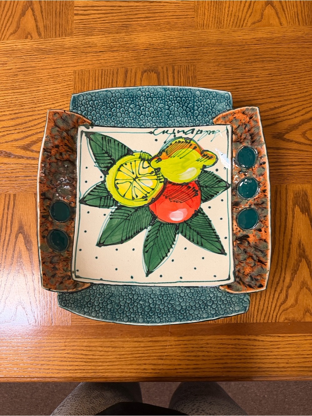 Hand-Painted Ceramic Fruit Serving Plate - Teal, Orange, Yellow, Red